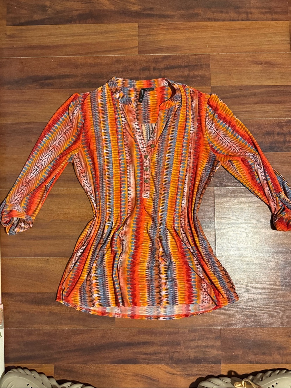 new directions Multicolor Orange, Red & Yellow Striped V-Neck Tunic